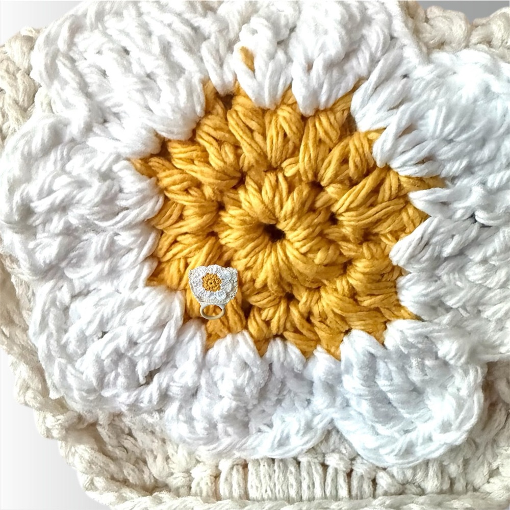 Handmade Crochet Daisy Flower Towel Holder – Yellow Floral Tea Towel Set - Picture 6 of 9